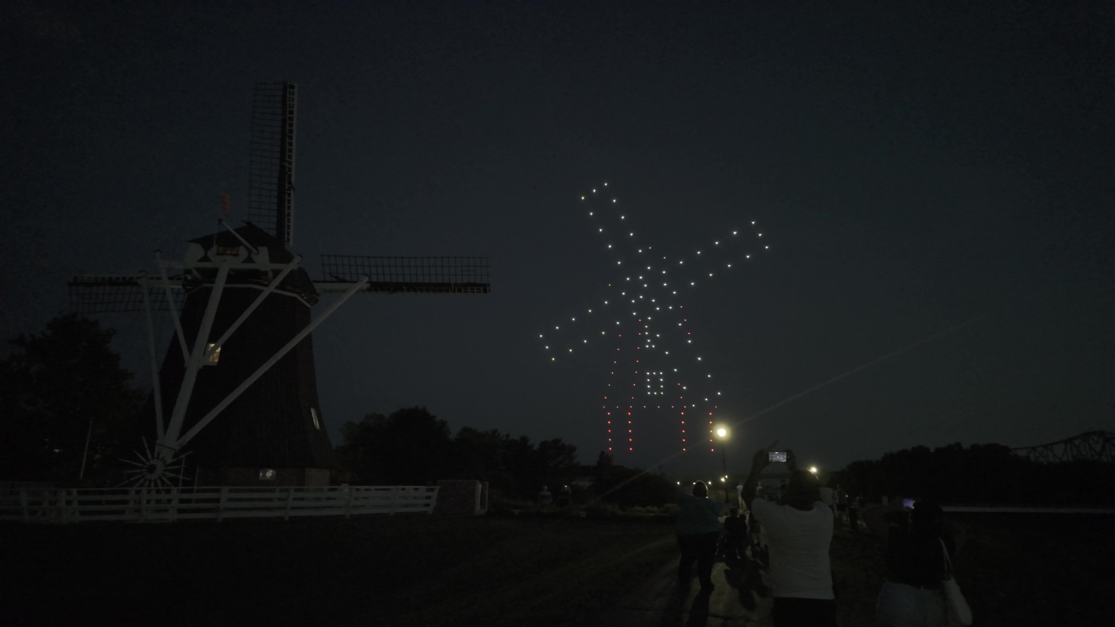 Windmill lighted drone animation at actual Fulton windmill